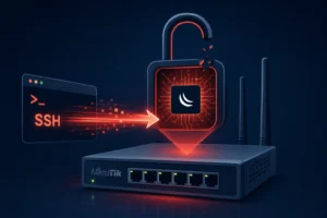 Illustration of a MikroTik router with a security vulnerability theme.