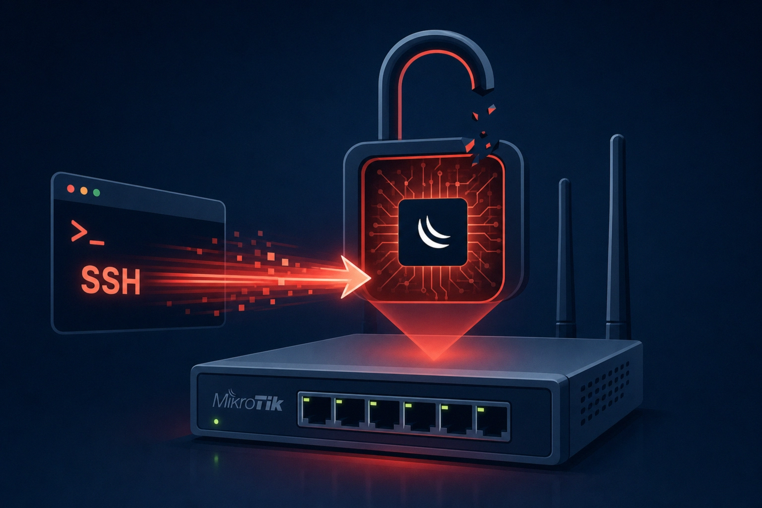 Illustration of a MikroTik router with a security vulnerability theme.