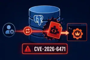 Iconographische Darstellung von PostgreSQL und CVE-2026-6471 Sicherheitsanfälligkeit.
