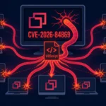 Visual representation of CVE-2026-84869 VBScript worm spreading to devices.