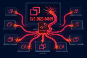 Visualisierung von CVE-2026-84869 Angriffen durch VBScript auf mehrere Geräte.