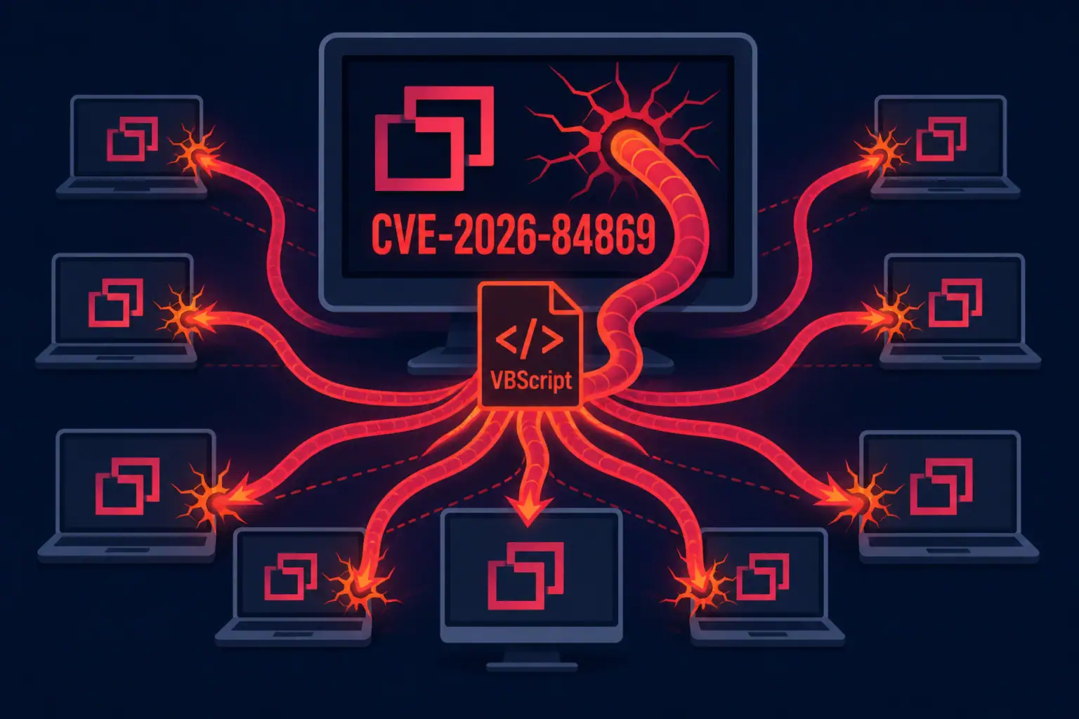 Визуализация атаки через уязвимость CVE-2026-84869 с элементами VBScript.