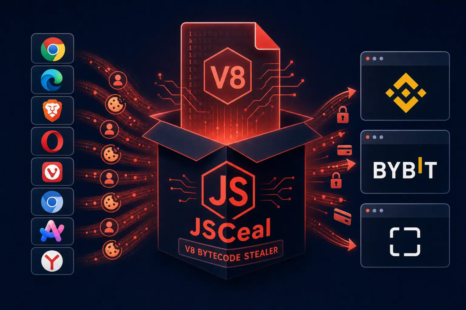 JSCeal Malware-Illustration mit V8-Bytecode-Diebstahl und Krypto-Icons.