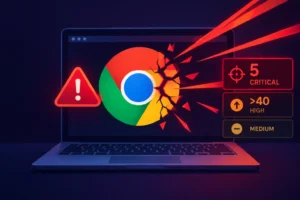 Warnsymbol neben dem Chrome-Logo auf einem Laptop-Hintergrund.