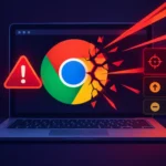 Chrome logo on a laptop with alert symbols highlighting vulnerabilities.