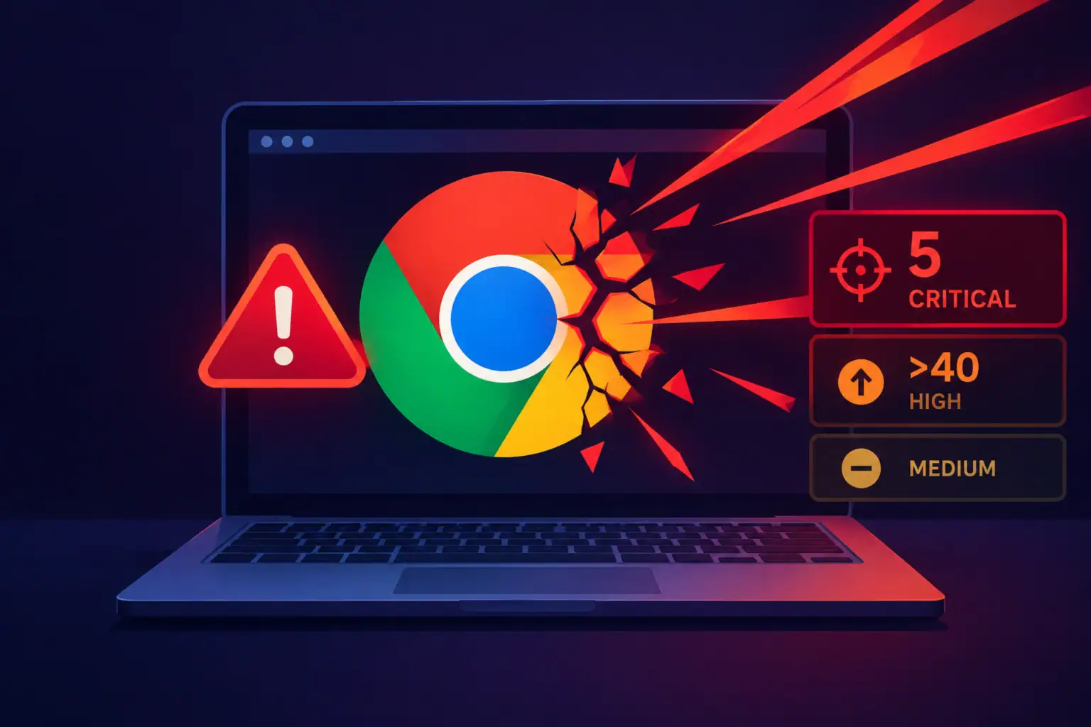 Chrome logo on a laptop with alert symbols highlighting vulnerabilities.