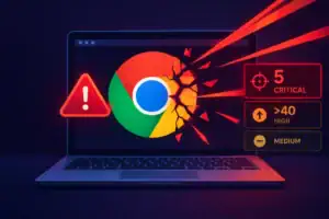 Логотип Chrome на экране с предупреждением о 5 критических уязвимостях.