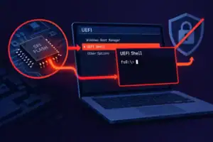 UEFI Shell und SPI Flash in Interaktion mit Laptop-Bildschirm.