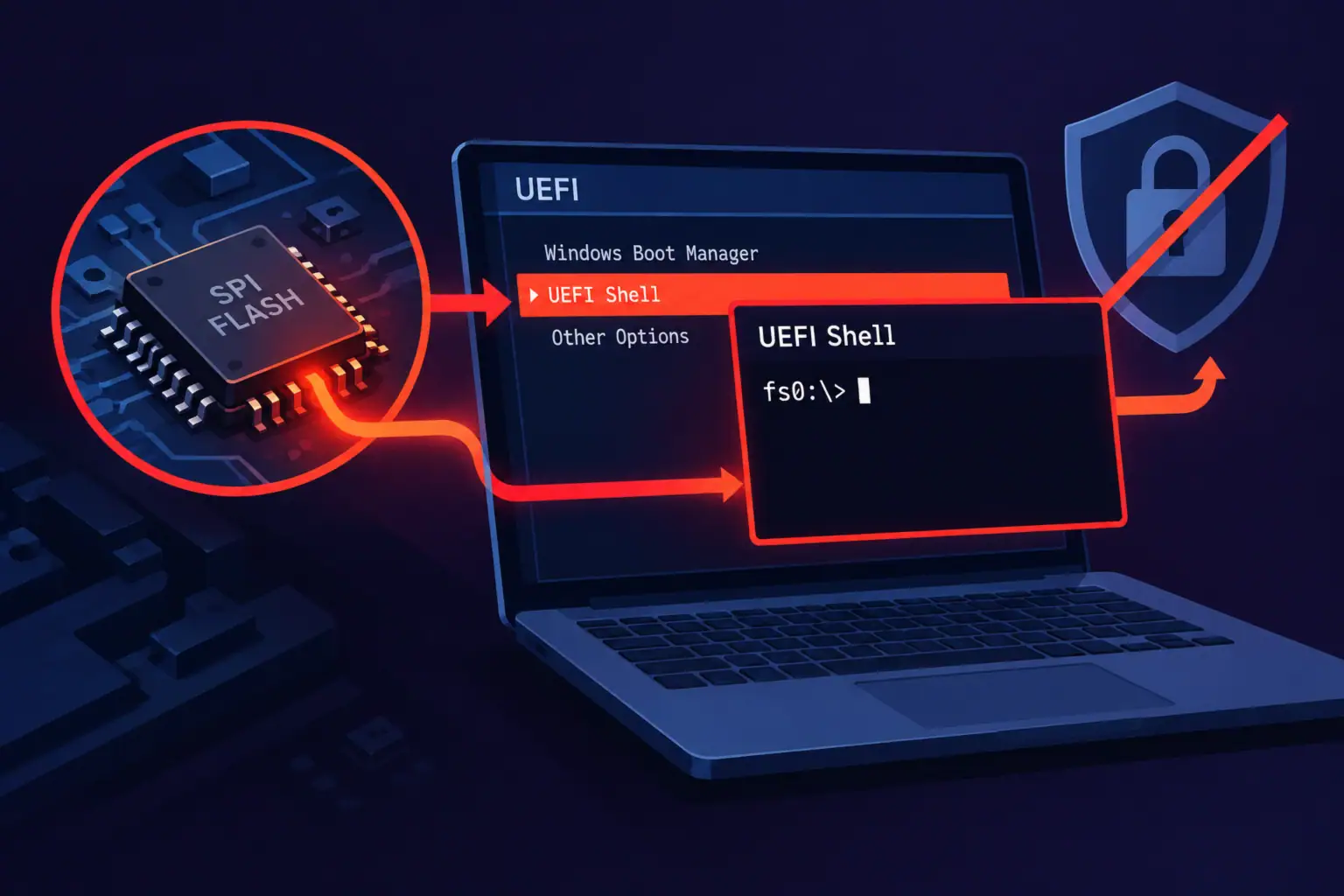UEFI Shell и SPI Flash на экране ноутбука с элементами безопасности.