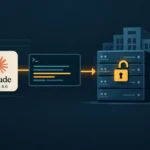 ** Claude AI logo connecting to a secure server in a tech environment.