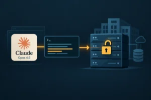 ** Claude AI logo connecting to a secure server in a tech environment.