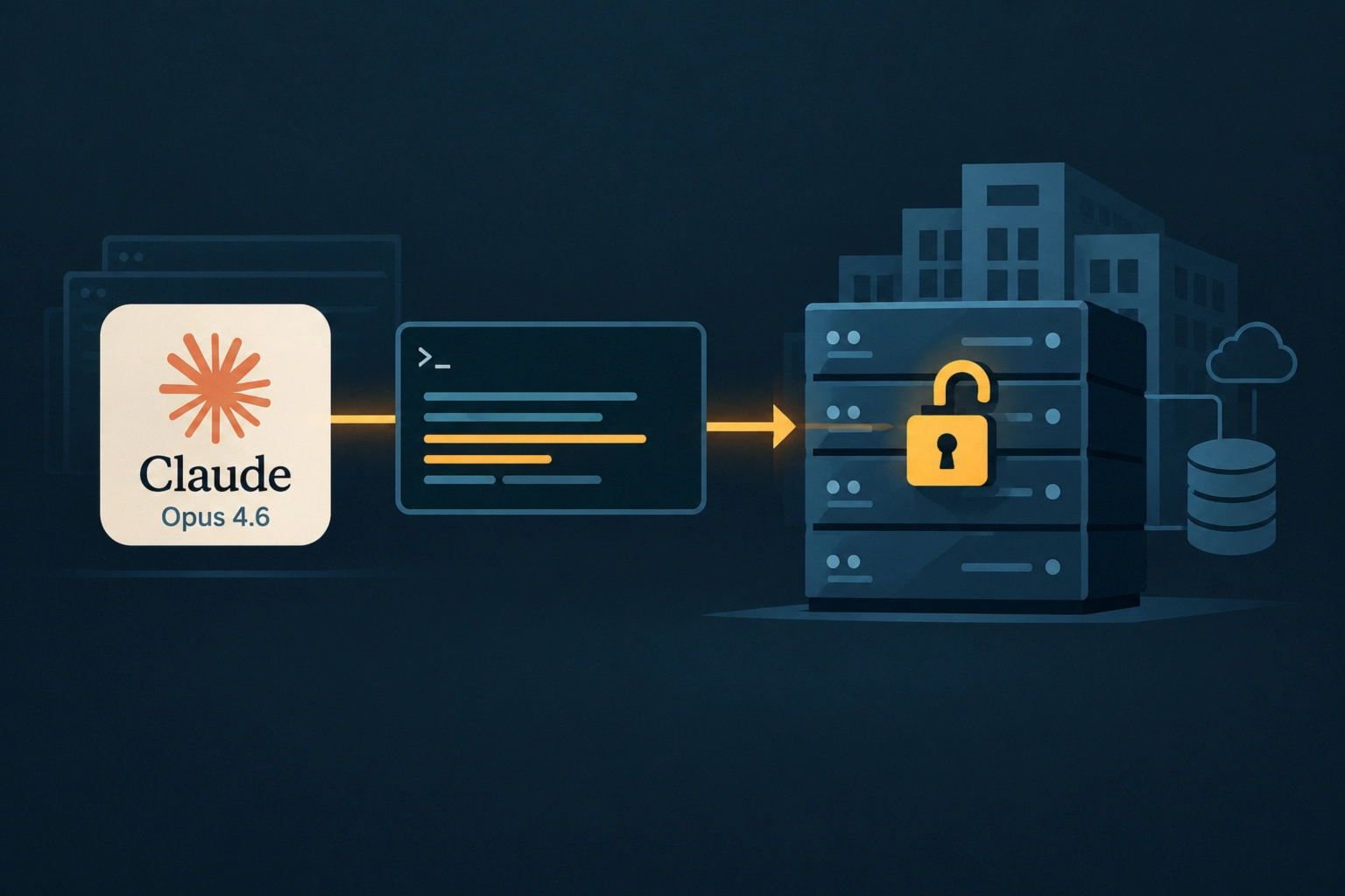 ** Claude AI logo connecting to a secure server in a tech environment.