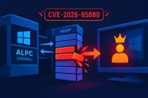 Схема уразливості CVE-2026-85880 у Windows ALPC з відображенням heap overflow.