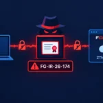 Illustration of a MITM vulnerability in Fortinet ZTNA portal, displaying alert.