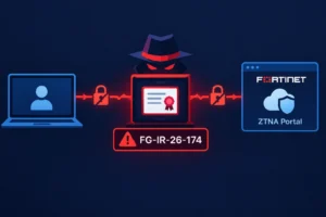Visualisierung einer MITM-Sicherheitsanfälligkeit im Fortinet ZTNA-Portal.