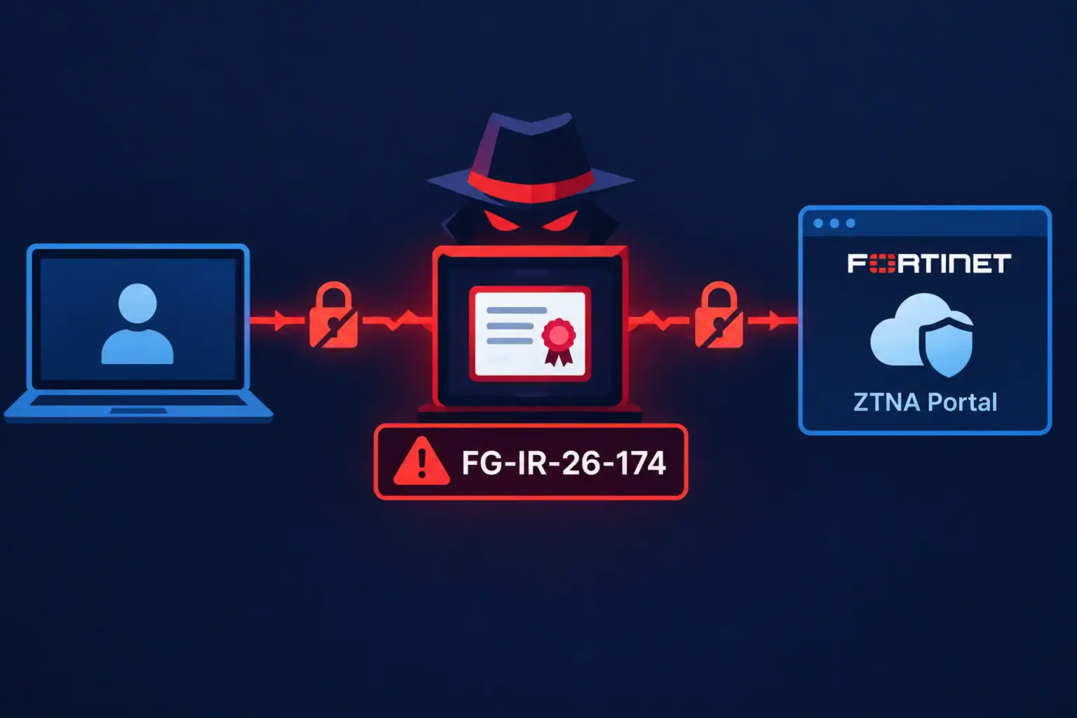 Атака MITM на Fortinet ZTNA порталі, зображуючи загрозу безпеці.