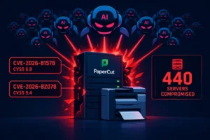 Grafische Darstellung von KI-Agenten, die PaperCut-Server angreifen.