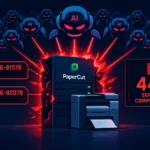 ** AI-themed illustration showing compromised servers related to PaperCut attacks.