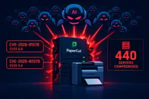 ** AI-themed illustration showing compromised servers related to PaperCut attacks.