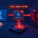 AOMEI Backupper connects to UEFI vulnerability CVE-2026-12780 in a tech illustration.