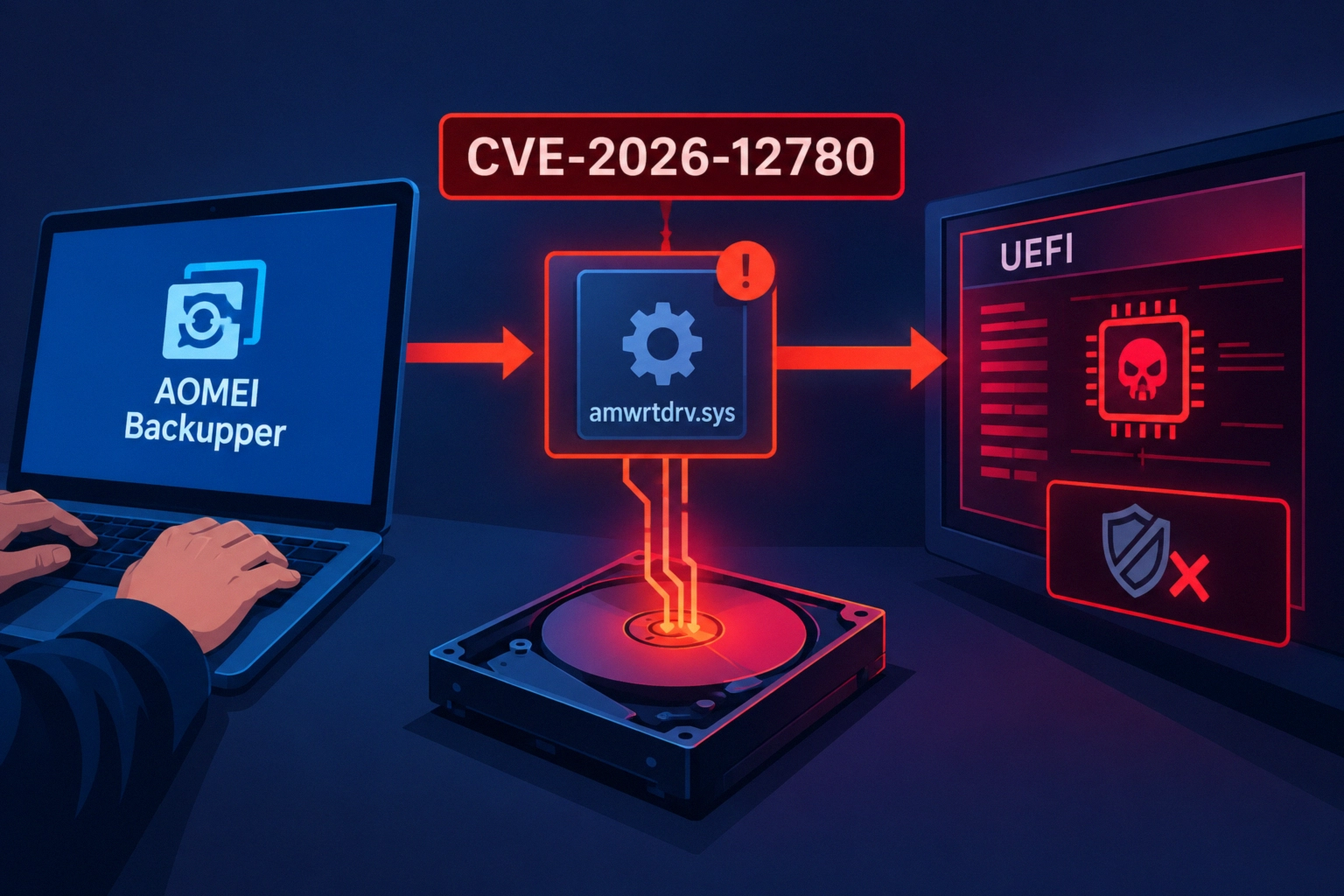 AOMEI Backupper connects to UEFI vulnerability CVE-2026-12780 in a tech illustration.