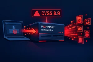 FortiSandbox system displaying warning of CVSS 8.9 vulnerability.