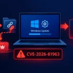 Laptop showing Windows Update and alert for CVE-2026-81963 exploitation.
