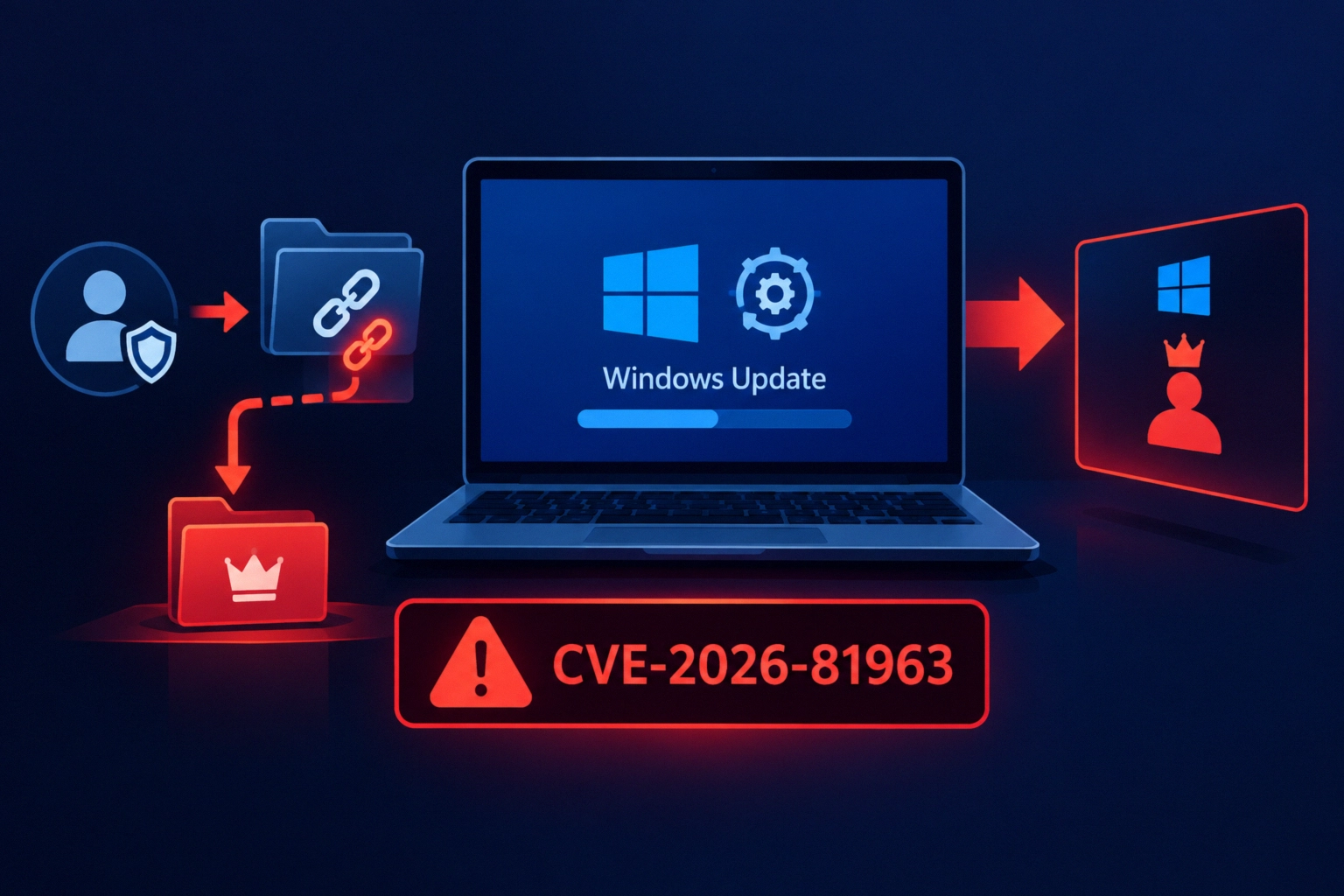 Laptop showing Windows Update and alert for CVE-2026-81963 exploitation.