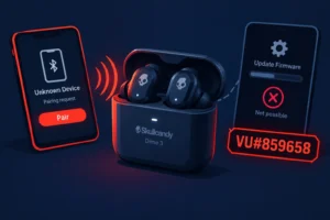 Skullcandy Dime 3 earbuds with a smartphone showing a pairing request.