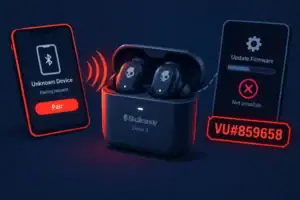 Безпровідні навушники Skullcandy Dime 3 та смартфон із запитом на спарювання.
