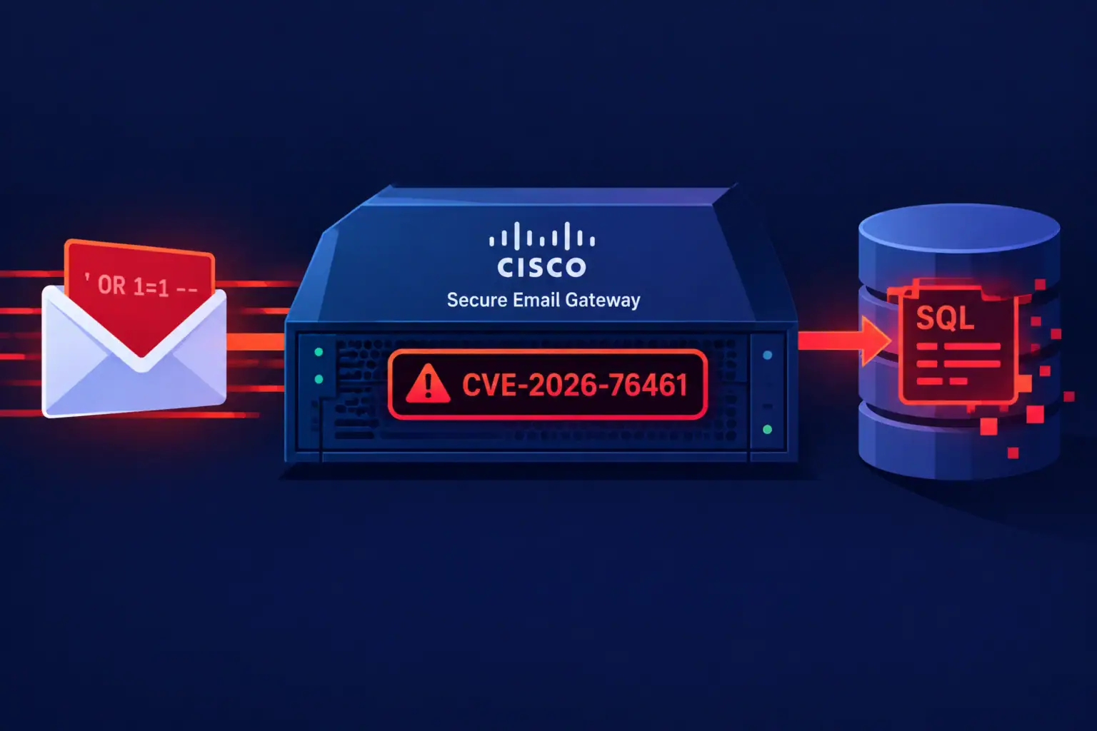 Representación gráfica de una vulnerabilidad SQL en Cisco Secure Email Gateway.