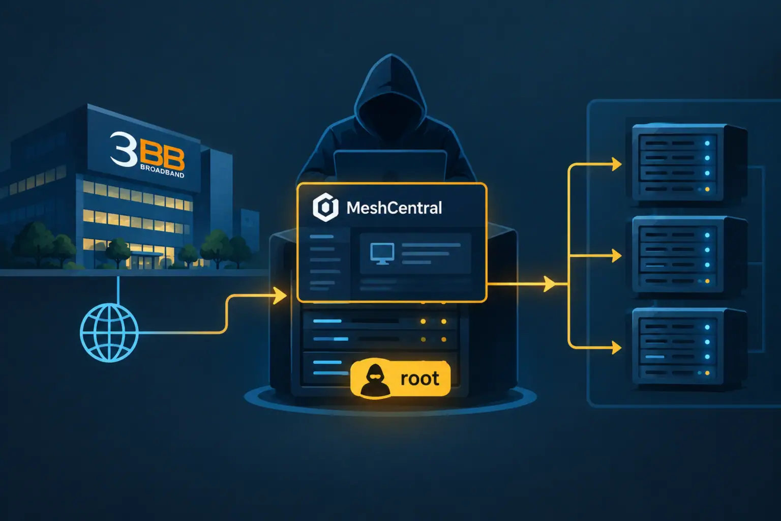 Interacción entre un hacker y servidores a través de MeshCentral en un fondo oscuro.