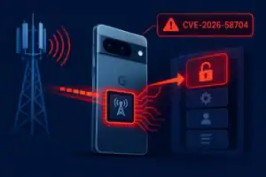 Устройство смартфона с сигналом модема и предупреждением о уязвимости CVE-2026-58704.
