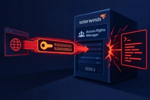 Graphic illustrating cyber vulnerability in SolarWinds Access Rights Manager.