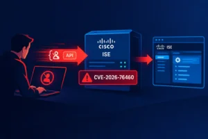 Person arbeitet an Laptop; Cisco ISE und CVE-2026-76460 als Hauptthemen.
