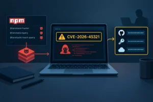 Компьютер с предупреждением о атаке на репозиторий TanStack в экосистеме npm.