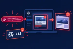 Illustration of WordPress theme installation process via a link.