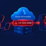 User interacts with a laptop, highlighting Azure AI Foundry vulnerability alert.