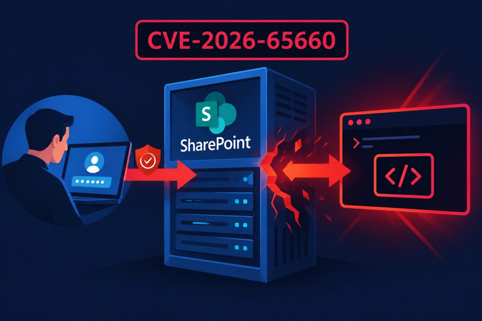 Illustration depicting CVE-2026-65660 vulnerability in SharePoint.