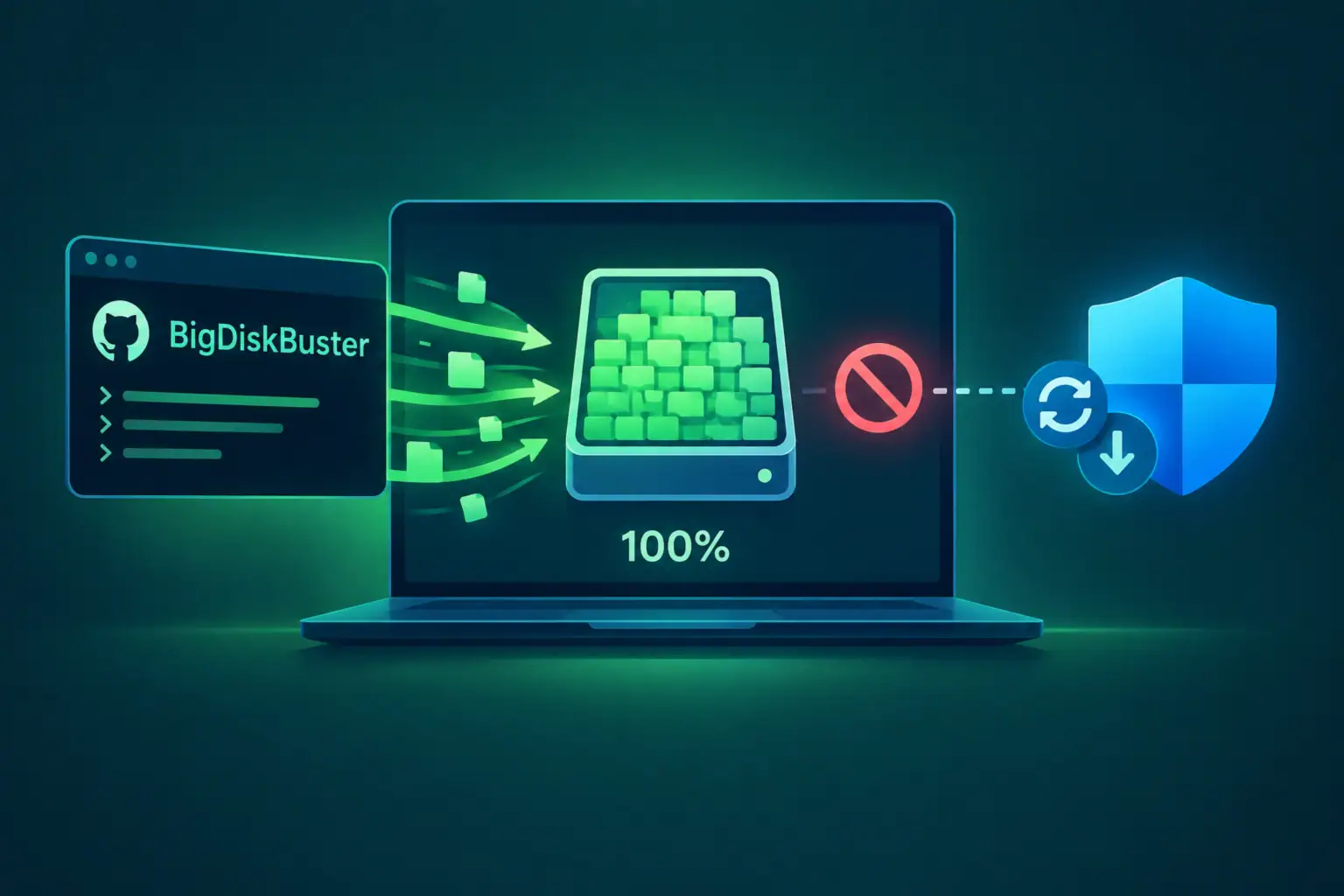 Graphic depicting BigDiskBuster blocking Microsoft Defender updates.