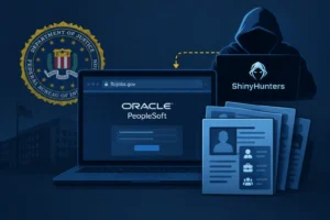Illustration depicting ShinyHunters claiming FBI breach of Oracle PeopleSoft.