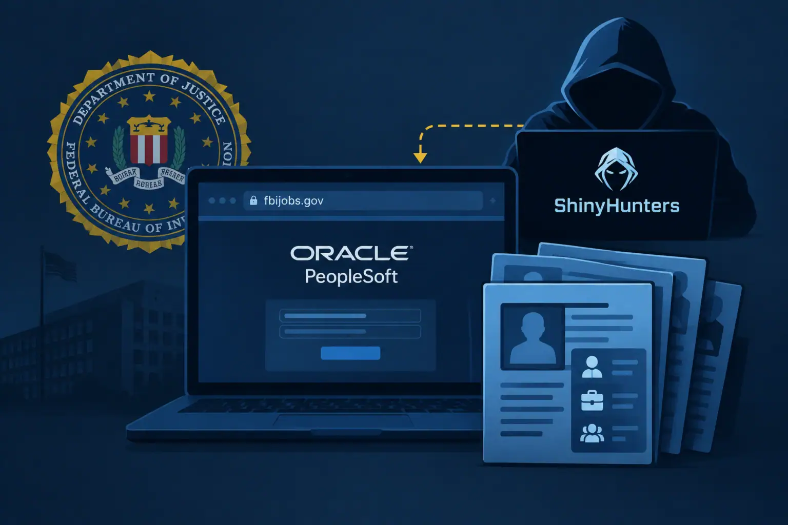 Хакер у компьютера с данными Oracle PeopleSoft и логотипом ФБР.