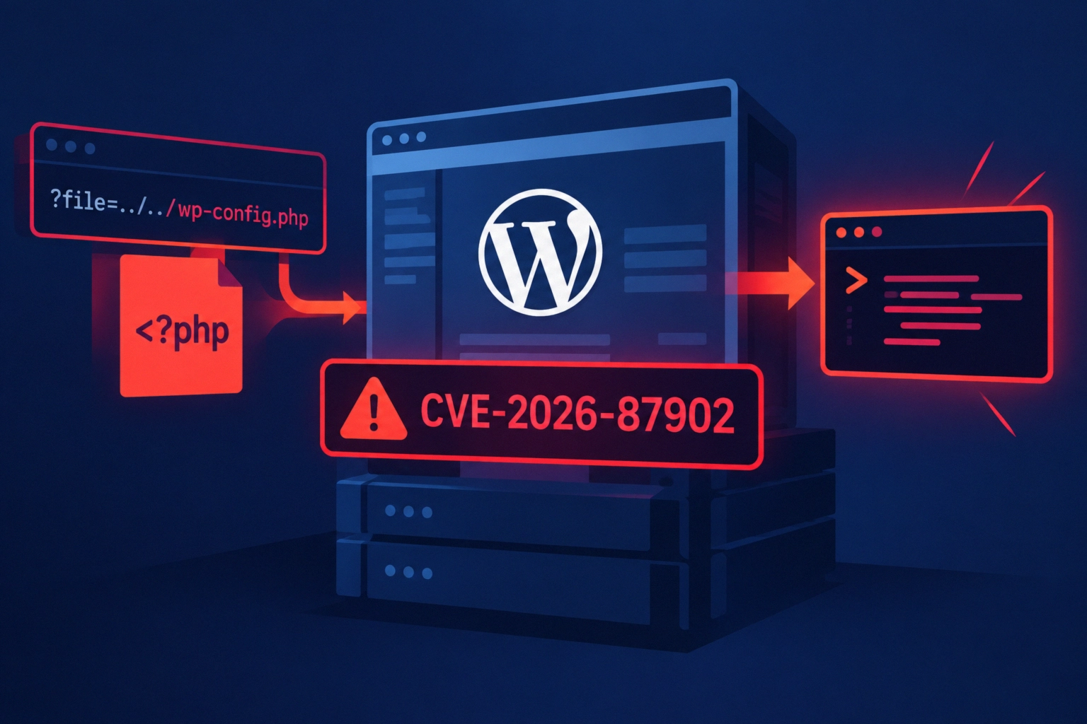 Critical LFI vulnerability in WordPress core represented by code graphics.