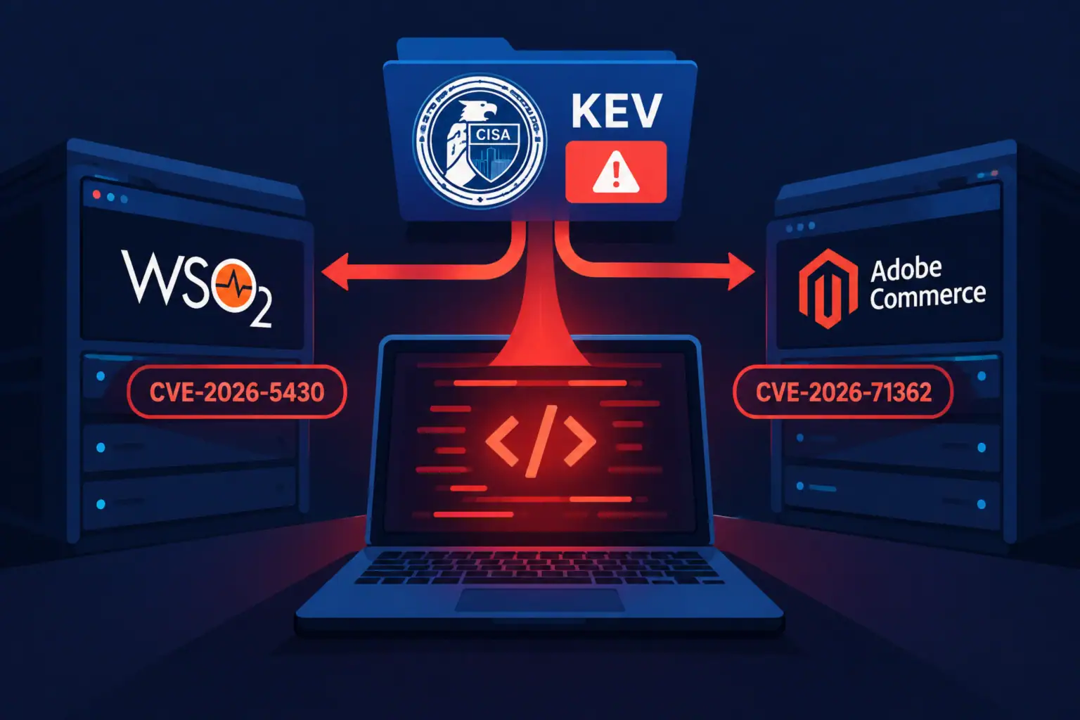 Системная иллюстрация уязвимостей CVE-2026-5430 и CVE-2026-71362 в CISA KEV.