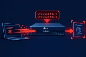 Citrix NetScaler with highlighted CVE vulnerabilities in an attack scenario.