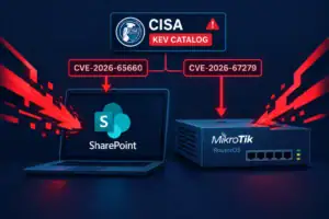 CISA-Logo mit Warnung zu SharePoint- und MikroTik-RouterOS-Sicherheitslücken.