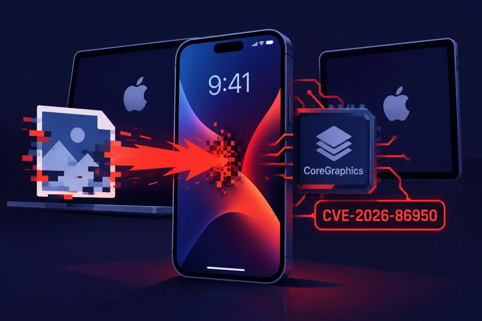 Мобильный телефон Apple с иконкой и кодом уязвимости CVE-2026-86950.
