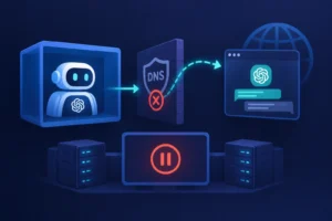 Gráfico que ilustra un robot y la interacción con un sistema DNS y servidores.