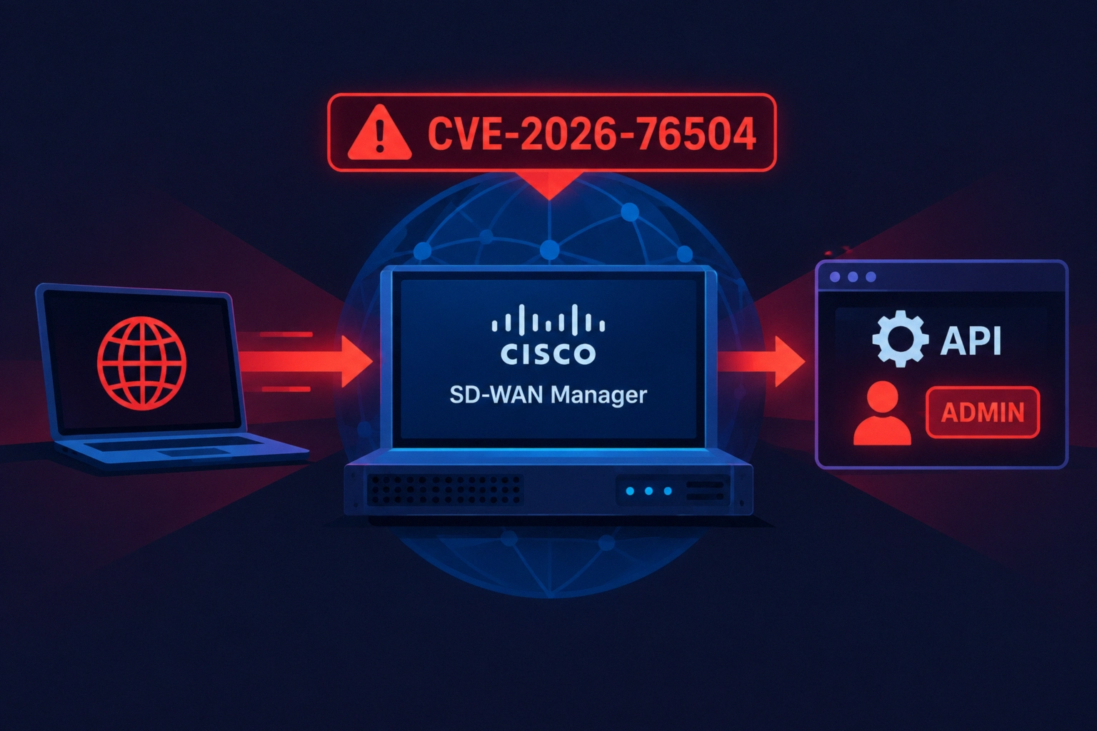 Visual representation of CVE-2026-76504 affecting Cisco SD-WAN Manager.